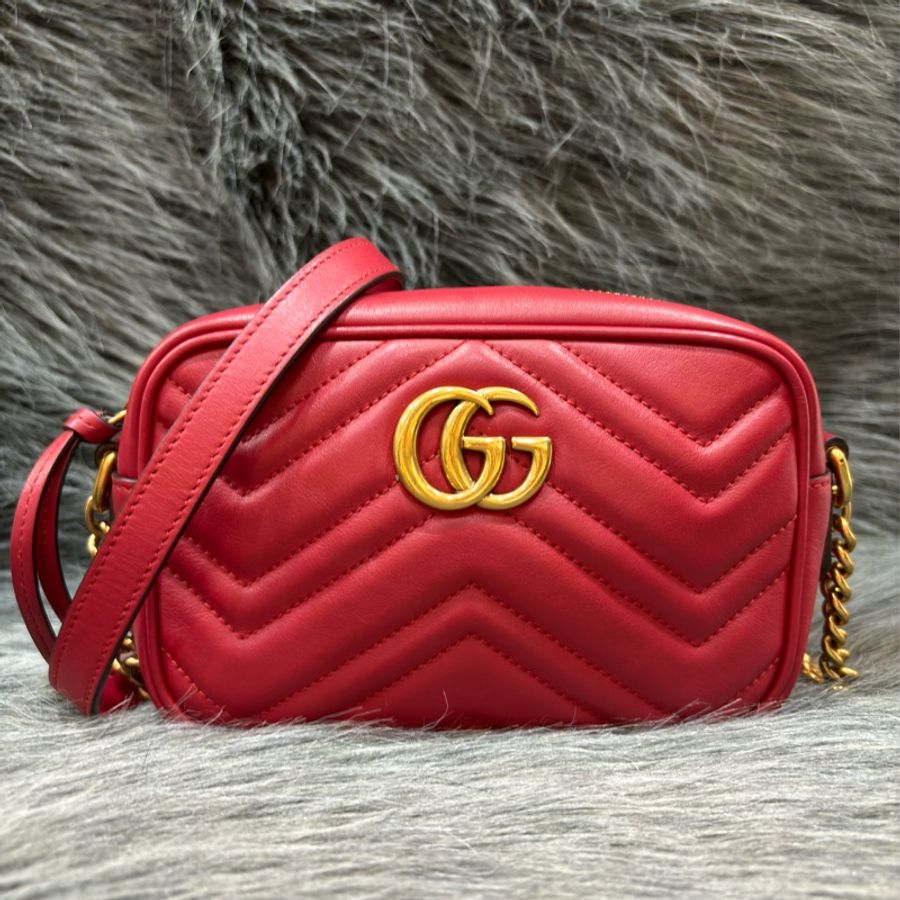 GUCCI 448065 紅色 牛皮 金鍊 GG MARMONT MINI 相機包-0