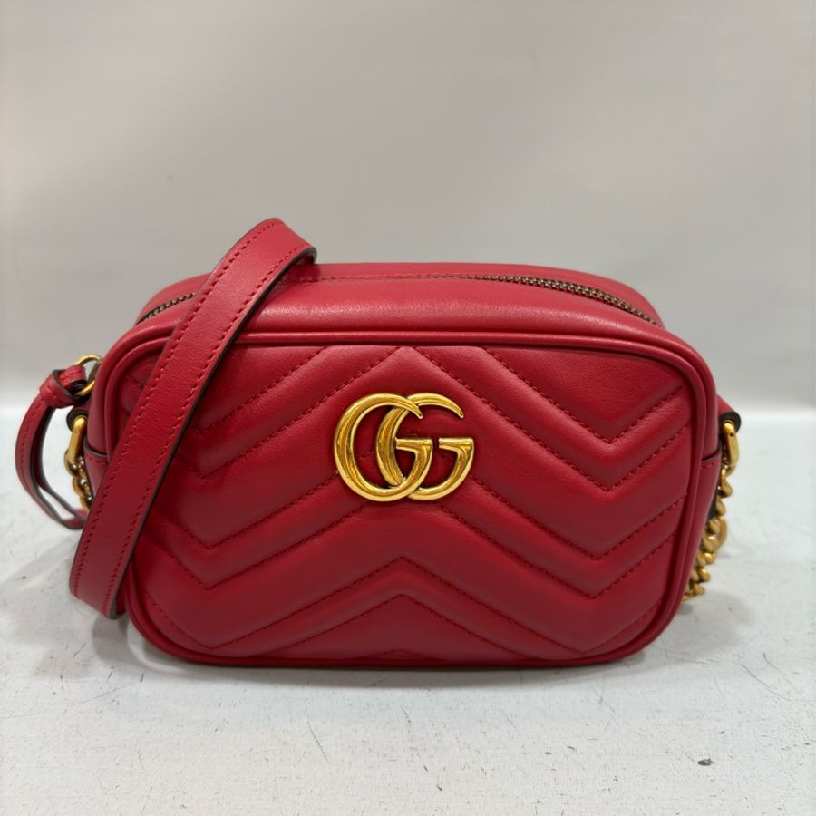 GUCCI 448065 紅色 牛皮 金鍊 GG MARMONT MINI 相機包-1