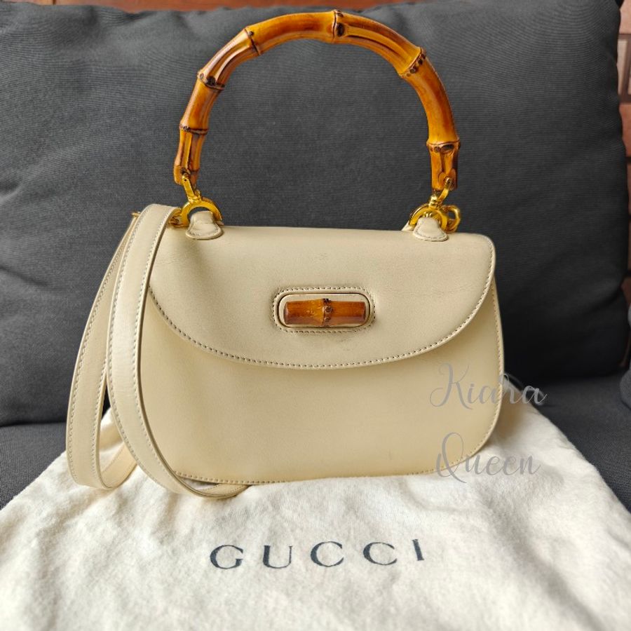 Gucci Bamboo 1947 白色迷你包 竹節包 真皮 斜揹包 手拿包 小號 手提包 馬鞍包 古董包 古著 復古 中古包-0