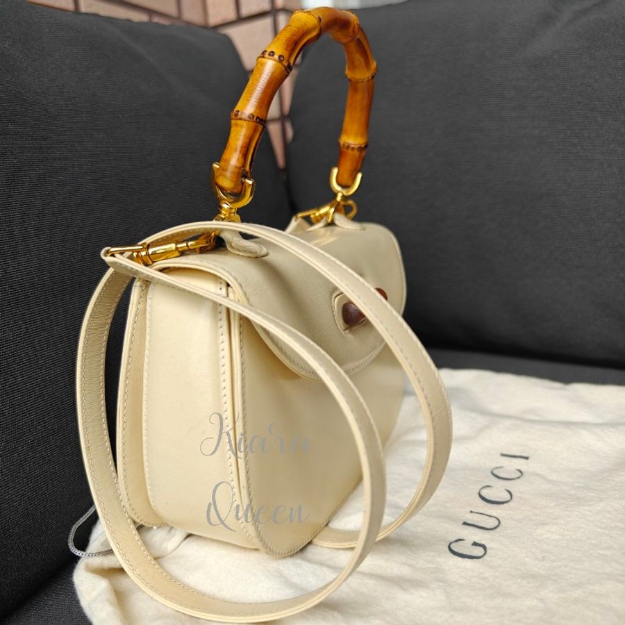 Gucci Bamboo 1947 白色迷你包 竹節包 真皮 斜揹包 手拿包 小號 手提包 馬鞍包 古董包 古著 復古 中古包-1