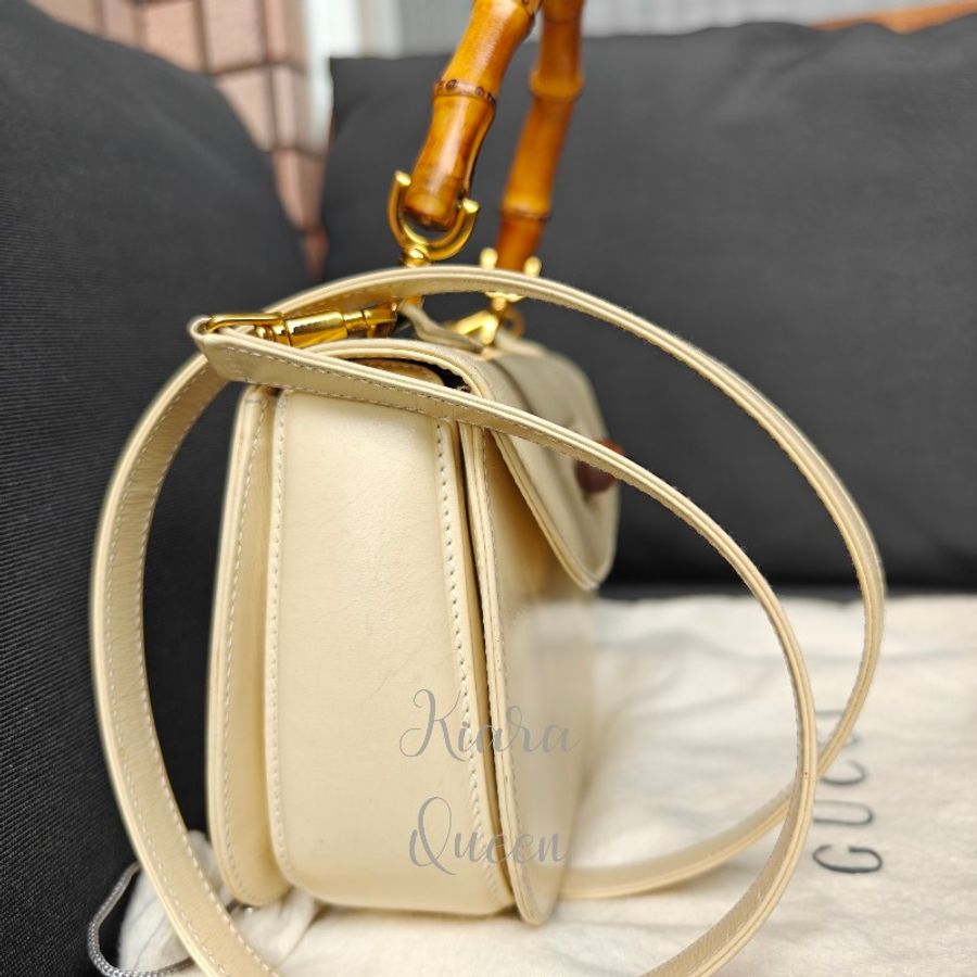 Gucci Bamboo 1947 白色迷你包 竹節包 真皮 斜揹包 手拿包 小號 手提包 馬鞍包 古董包 古著 復古 中古包-8