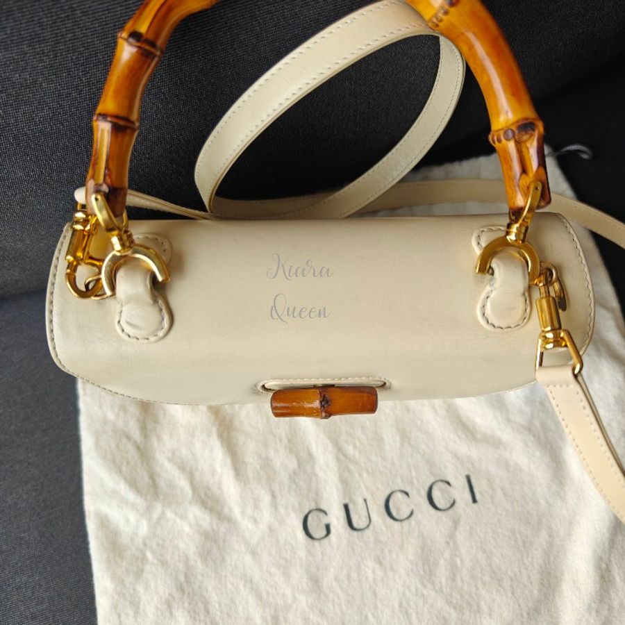 Gucci Bamboo 1947 白色迷你包 竹節包 真皮 斜揹包 手拿包 小號 手提包 馬鞍包 古董包 古著 復古 中古包-11