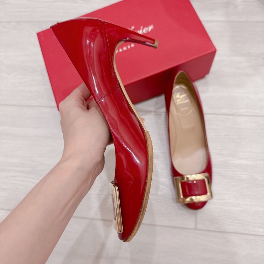 法國鞋王RV roger vivier經典方框紅色漆皮高跟鞋👠-1