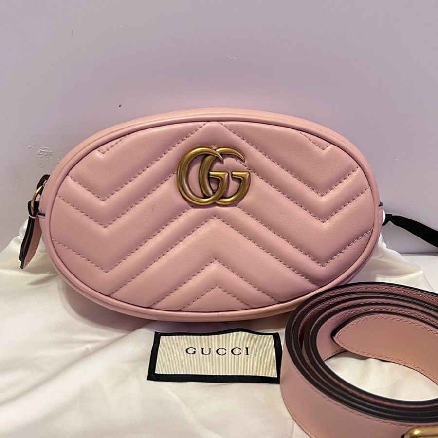 GUCCI Marmont 雙G粉紅色皮腰包-0