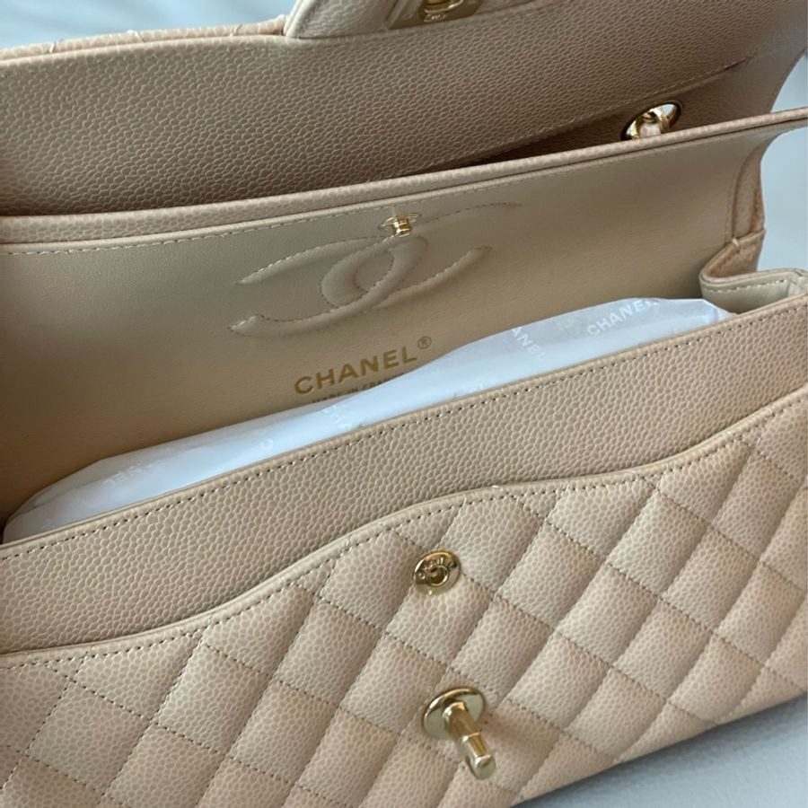 Chanel Classic Flap medium 25cm Caviar Beige 香奈兒經典手袋 中號 米色金釦牛皮-10