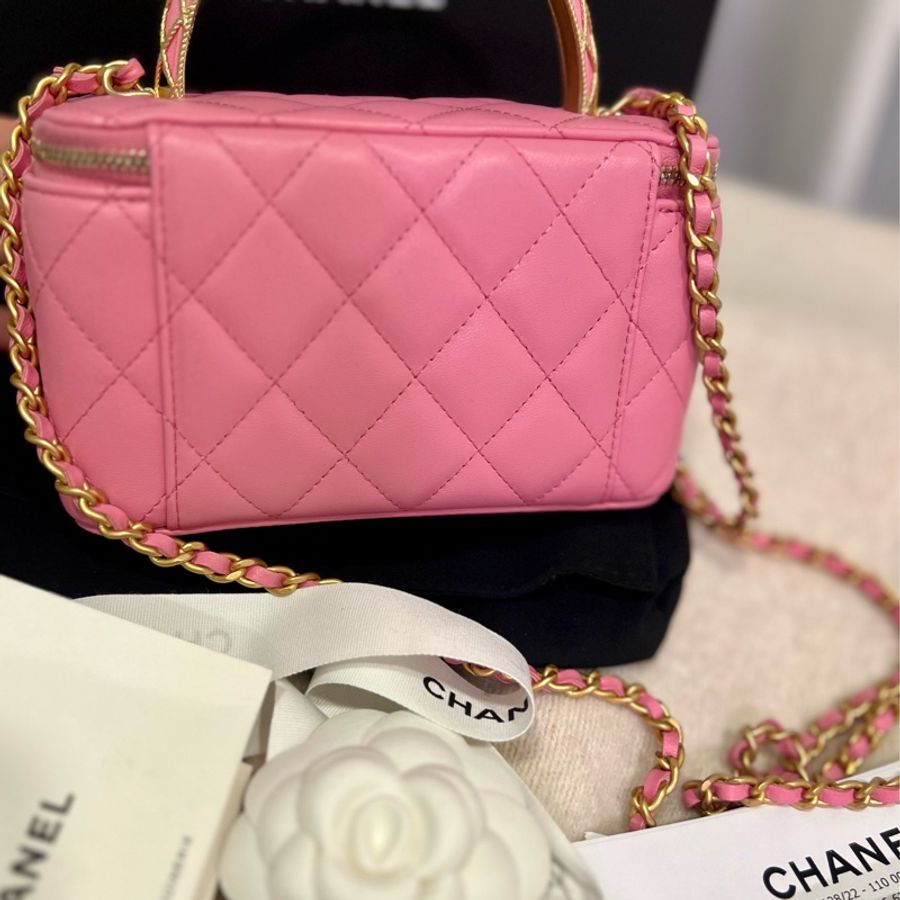 CHANEL 全新 vanity case AP3383長盒子 粉色 粉桃 手把 提把 手提 金環 金編 包-4