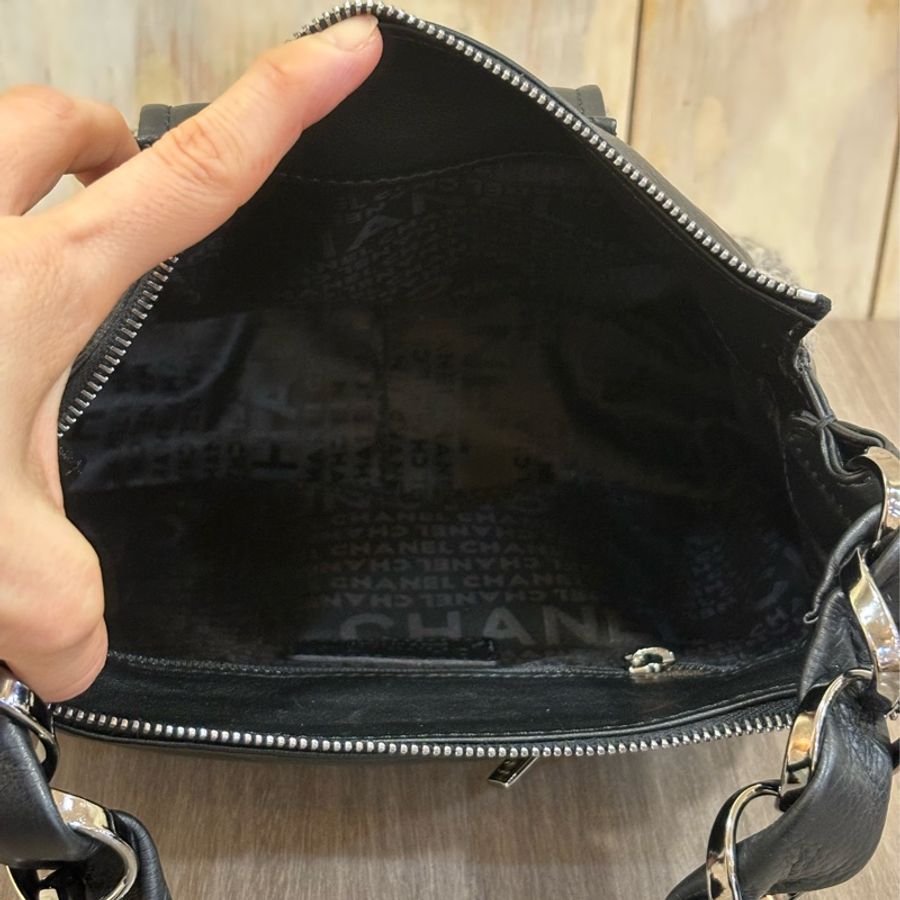 CHANEL A23362 老香 VINTAGE 黑色 銀鍊 牛皮 毛泥 口袋 全皮 手提包 肩背包-11
