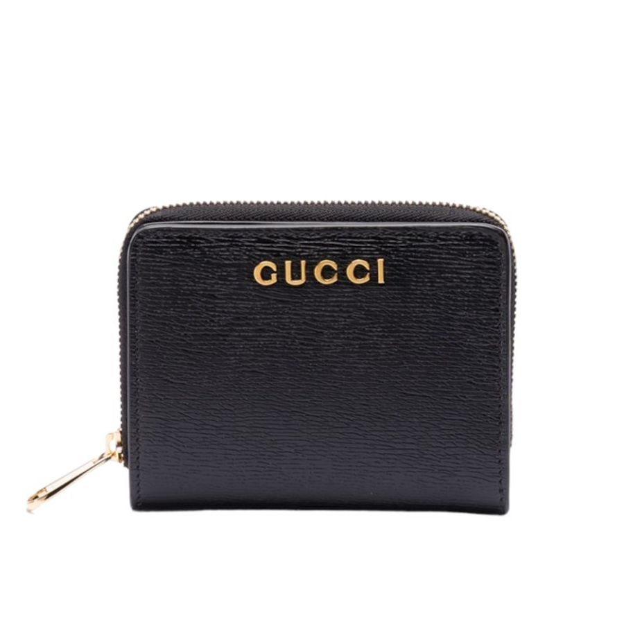 【GUCCI 古馳】Mini Script 皮革 對折 拉鍊 零錢包 皮夾 卡夾 短夾 黑色 772639-0