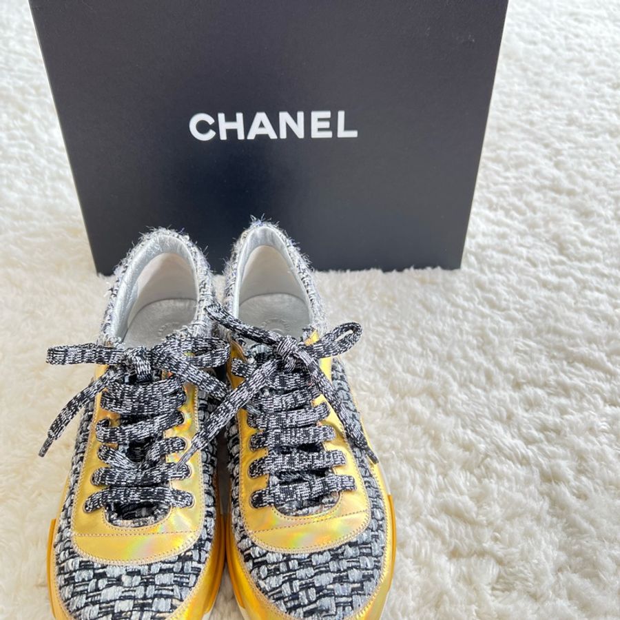 ［4.7折］香奈兒 CHANEL Tweed Sneakers 時尚金 毛呢休閒鞋 36.5-2