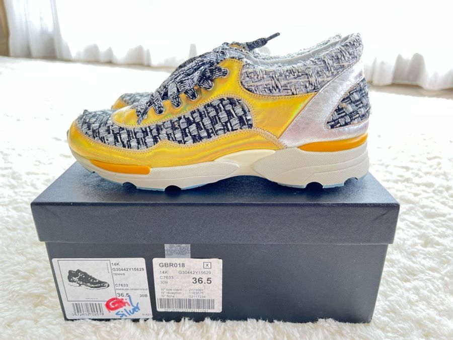 ［4.7折］香奈兒 CHANEL Tweed Sneakers 時尚金 毛呢休閒鞋 36.5-0
