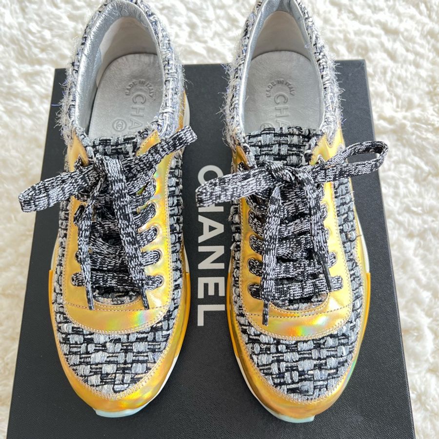 ［4.7折］香奈兒 CHANEL Tweed Sneakers 時尚金 毛呢休閒鞋 36.5-1