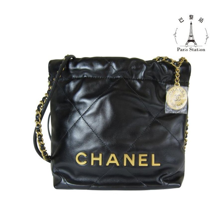 【巴黎站二手名牌專賣店】＊全新現貨＊CHANEL香奈兒真品＊AS3980黑牛皮金LOGO Mini22Bag斜背包-0