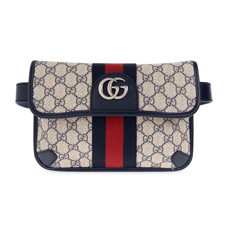 Gucci 免運 經典Ophidia系列GG Supreme帆布印花 藍黑色皮革背帶 手拿包 腰包-0