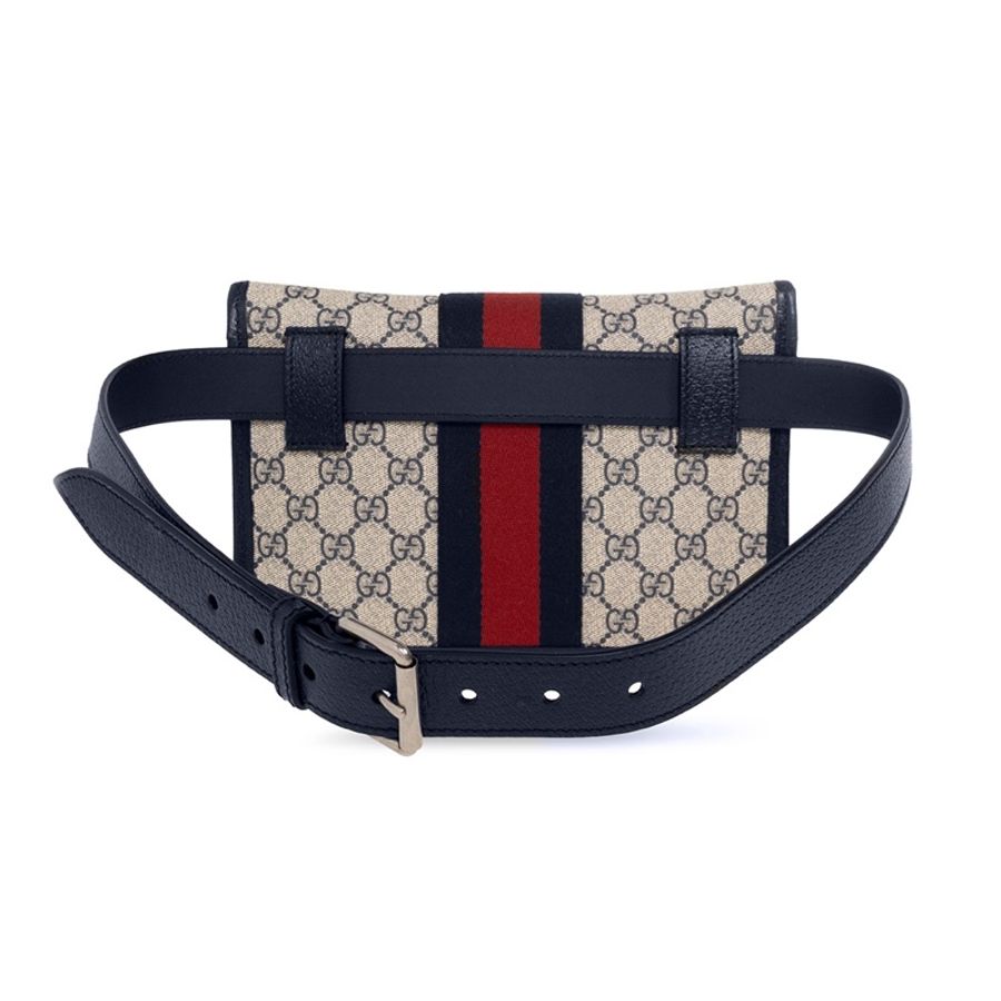 Gucci 免運 經典Ophidia系列GG Supreme帆布印花 藍黑色皮革背帶 手拿包 腰包-1