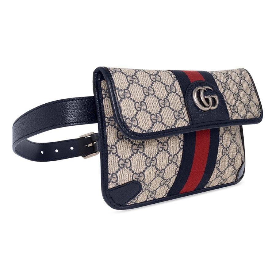 Gucci 免運 經典Ophidia系列GG Supreme帆布印花 藍黑色皮革背帶 手拿包 腰包-7