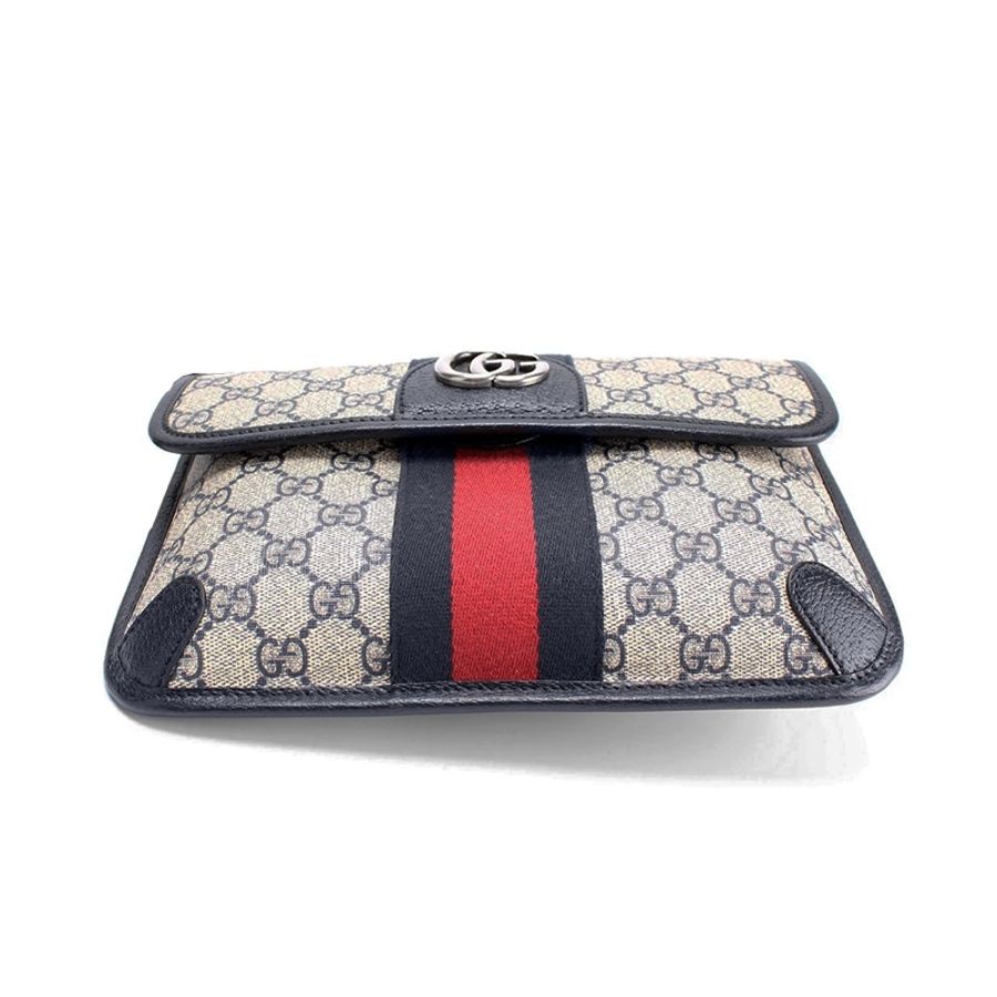 Gucci 免運 經典Ophidia系列GG Supreme帆布印花 藍黑色皮革背帶 手拿包 腰包-9
