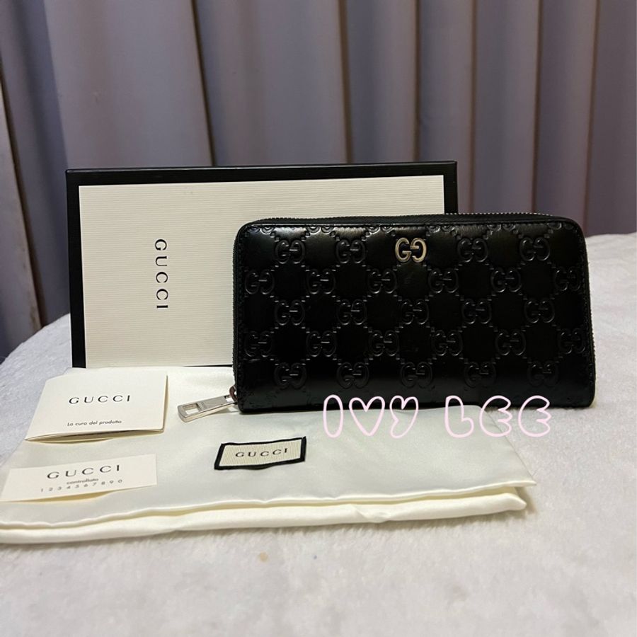 GUCCI 473928 經典Signature系列GG壓紋銀色金屬LOGO牛皮拉鍊長夾(黑色) 二手精品-0