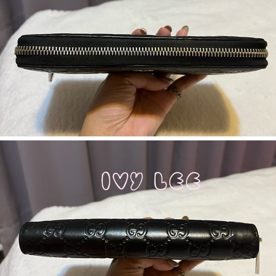 GUCCI 473928 經典Signature系列GG壓紋銀色金屬LOGO牛皮拉鍊長夾(黑色) 二手精品-12