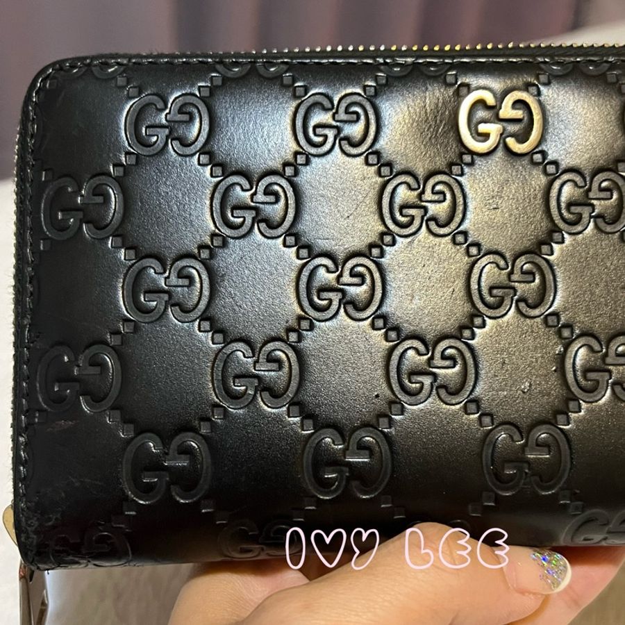 GUCCI 473928 經典Signature系列GG壓紋銀色金屬LOGO牛皮拉鍊長夾(黑色) 二手精品-20