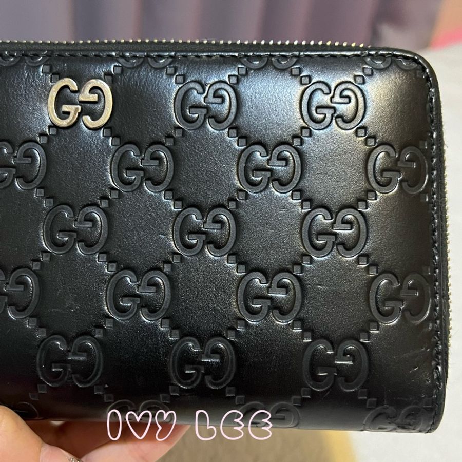 GUCCI 473928 經典Signature系列GG壓紋銀色金屬LOGO牛皮拉鍊長夾(黑色) 二手精品-21