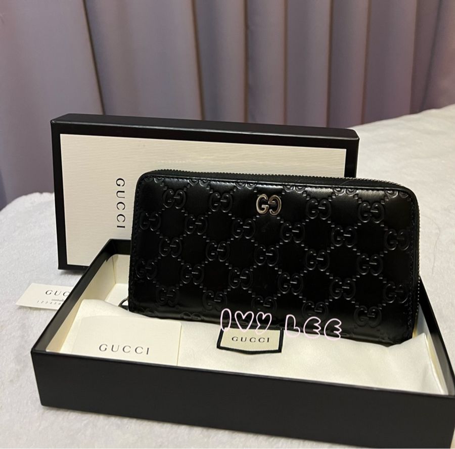 GUCCI 473928 經典Signature系列GG壓紋銀色金屬LOGO牛皮拉鍊長夾(黑色) 二手精品-24