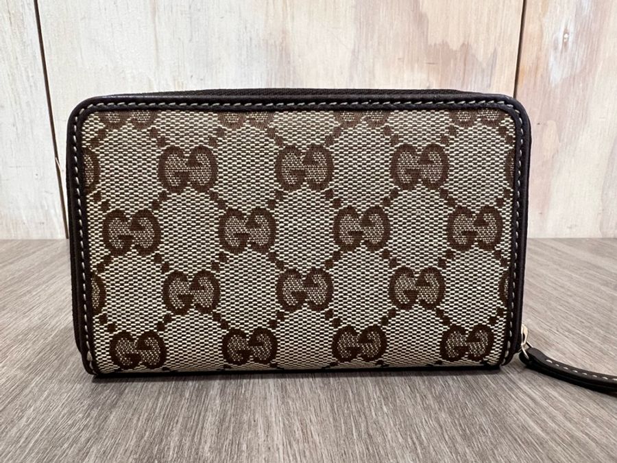 Gucci 235558 咖啡色 老花 帆布 拉鍊 零錢包 卡夾 卡包 名片夾-4