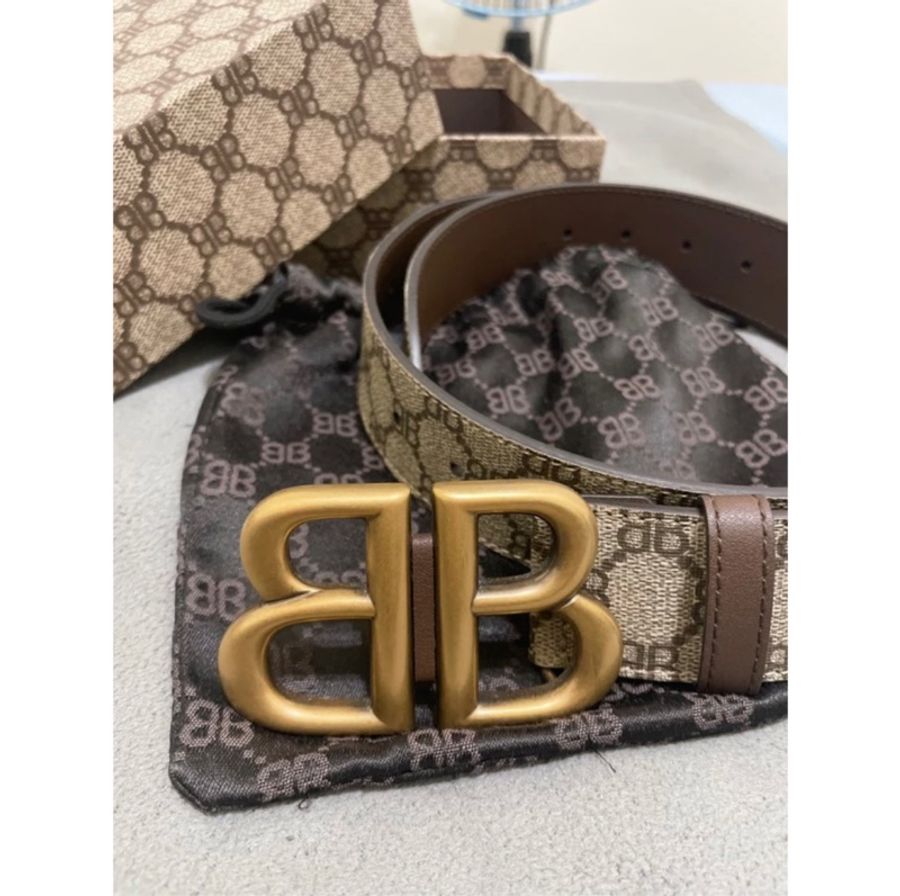 Gucci & Balenciaga's Hacker Project 金屬LOGO釦飾聯名款印花皮帶(駝)-0