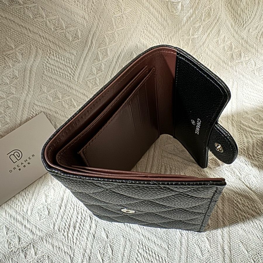 Chanel 黑銀 三摺銀包 魚子醬皮-5