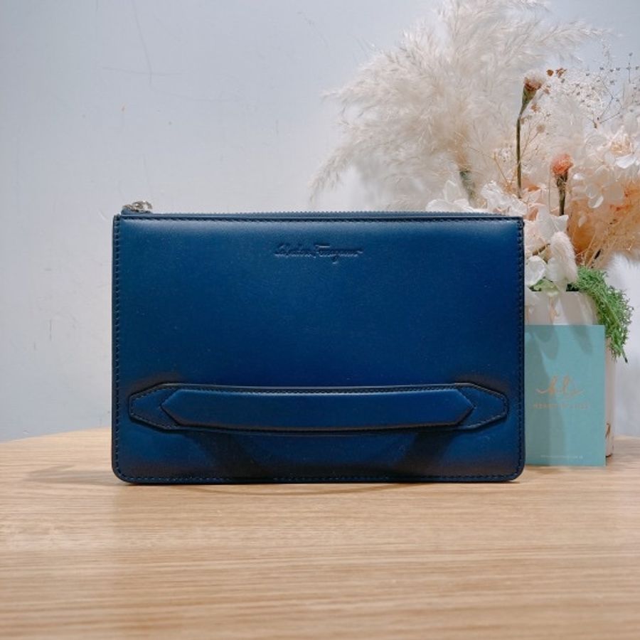 菲拉格慕 拉鏈手拎包 藍色 牛皮Zipper Pouch-0