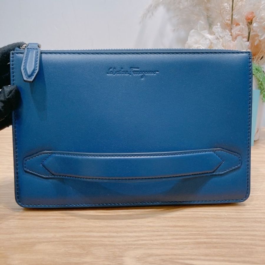 菲拉格慕 拉鏈手拎包 藍色 牛皮Zipper Pouch-5