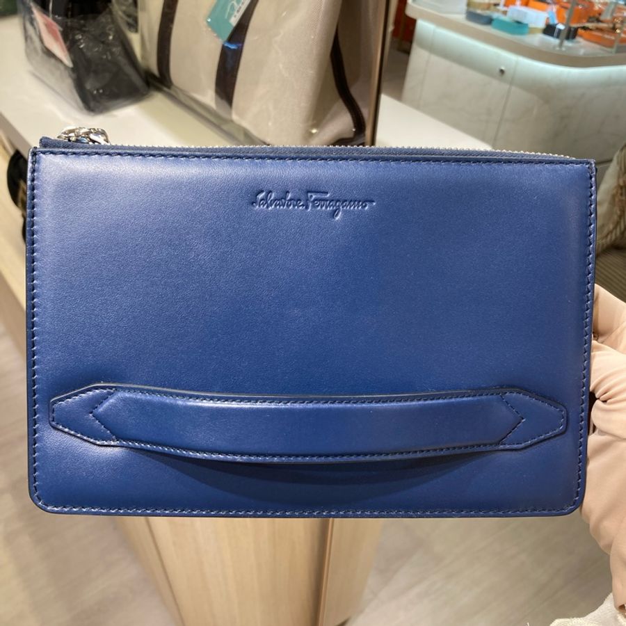 菲拉格慕 拉鏈手拎包 藍色 牛皮Zipper Pouch-7