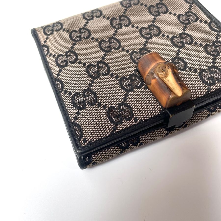 GUCCI 竹節灰帆布黑皮邊方夾-12