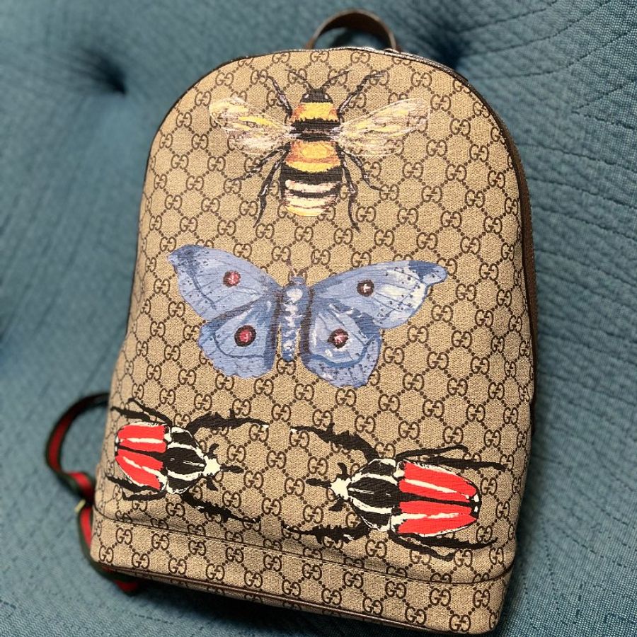 Gucci gg supreme 印花 帆布 後背包 蜜蜂 昆蟲 紅綠背帶 九成新-1