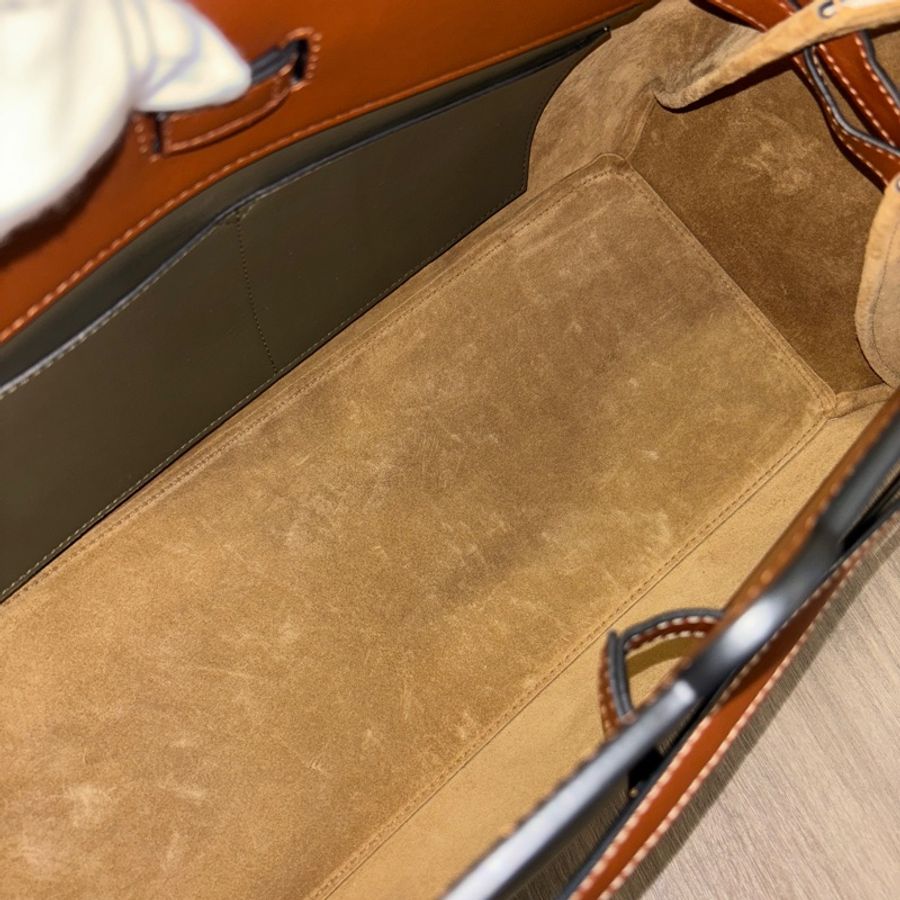 Loewe焦糖x軍綠小牛皮拼帆布Lazo手提托特包East West-14