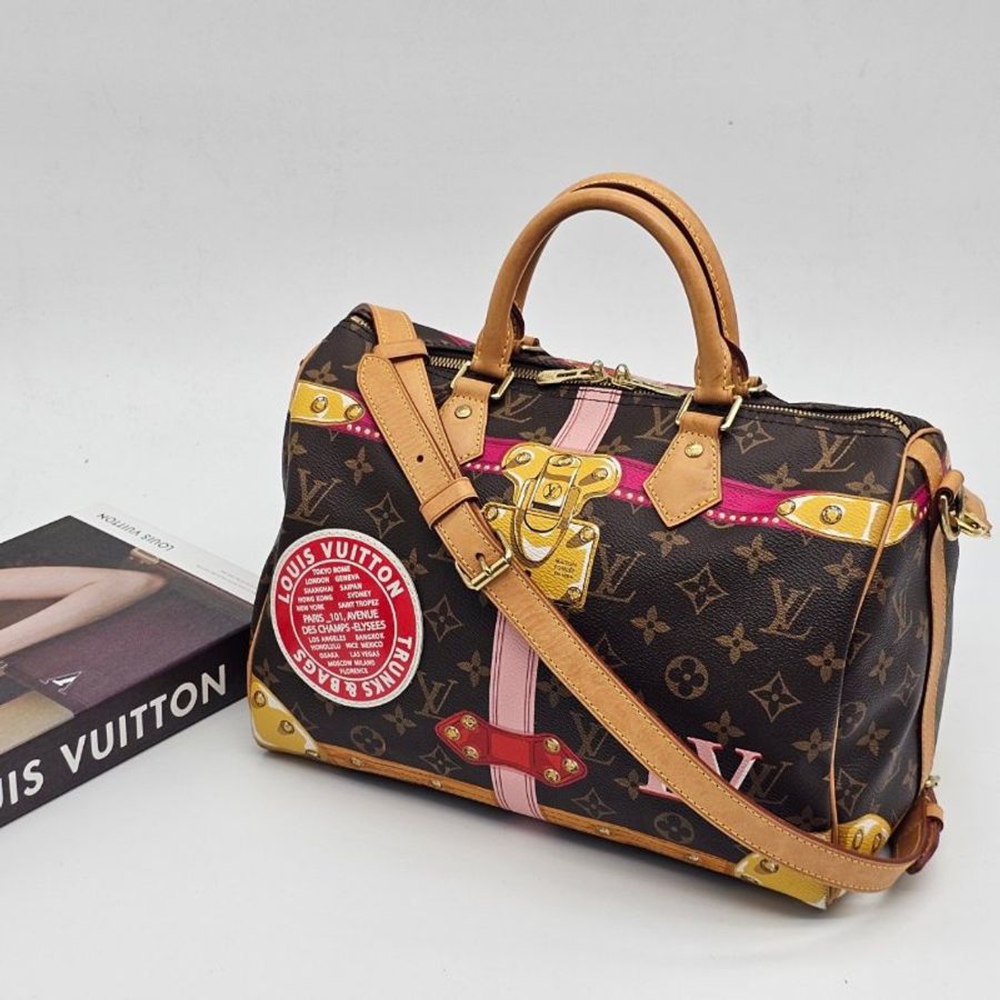 Louis Vuitton LV 限量款 老花字紋 行李箱圖騰speedy 30公分二用波士頓包/手提包/斜背包-0