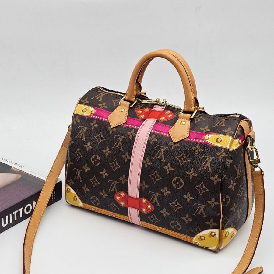 Louis Vuitton LV 限量款 老花字紋 行李箱圖騰speedy 30公分二用波士頓包/手提包/斜背包-1