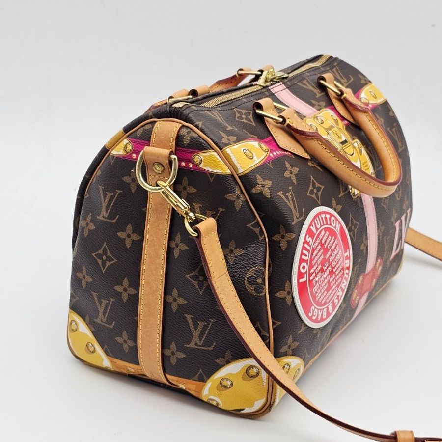 Louis Vuitton LV 限量款 老花字紋 行李箱圖騰speedy 30公分二用波士頓包/手提包/斜背包-4