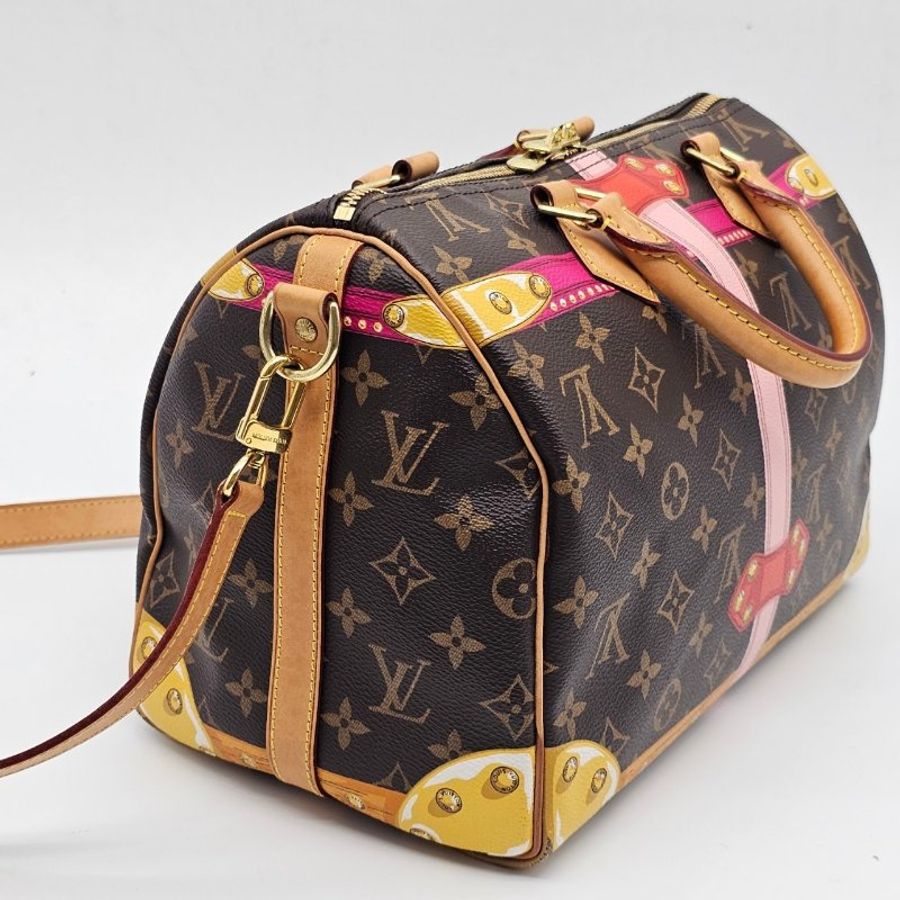Louis Vuitton LV 限量款 老花字紋 行李箱圖騰speedy 30公分二用波士頓包/手提包/斜背包-5