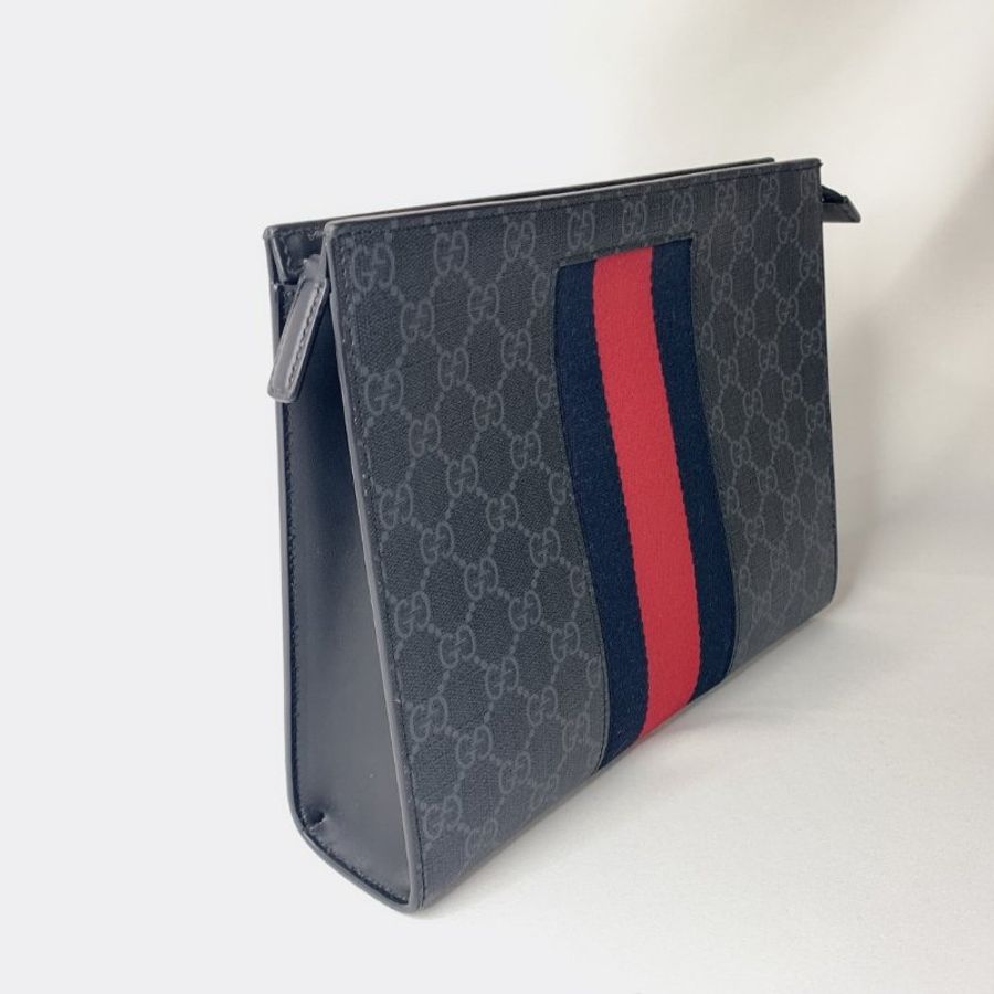 GUCCI 經典GG Supreme藍紅藍織帶手拿包-3