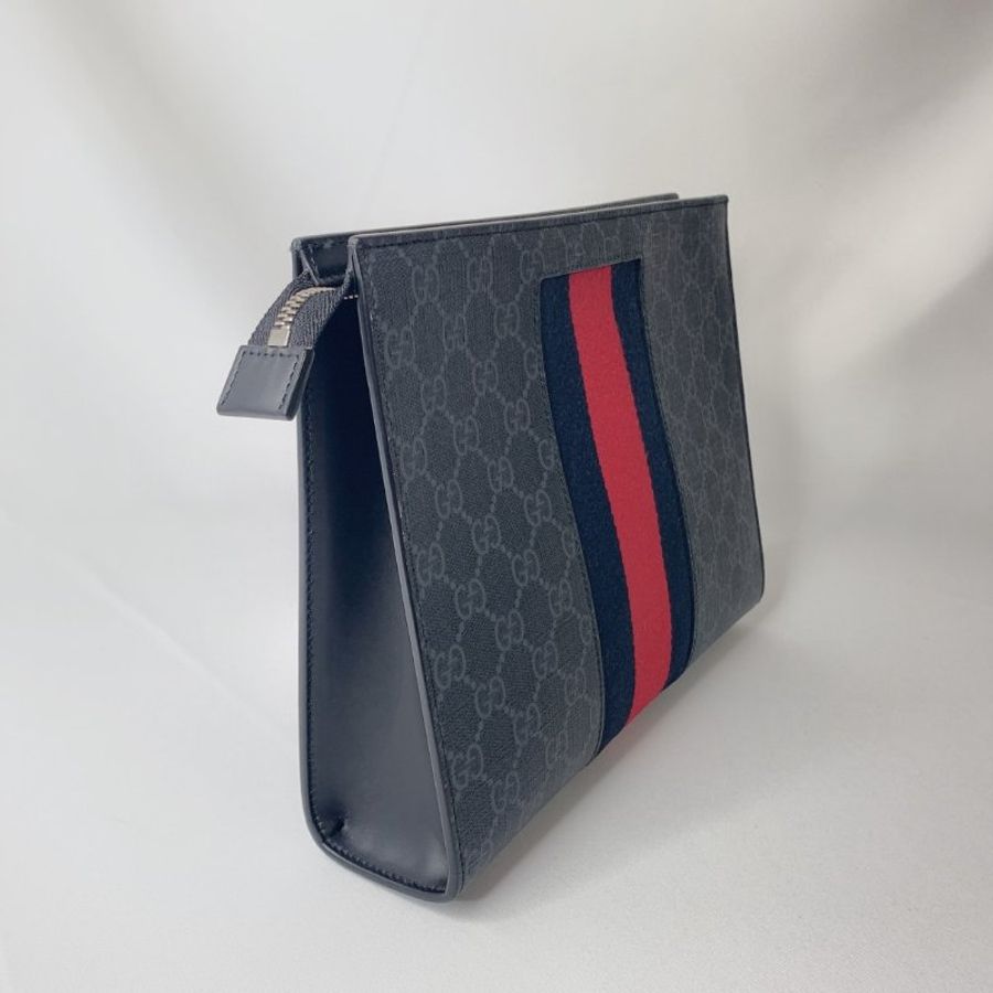 GUCCI 經典GG Supreme藍紅藍織帶手拿包-5