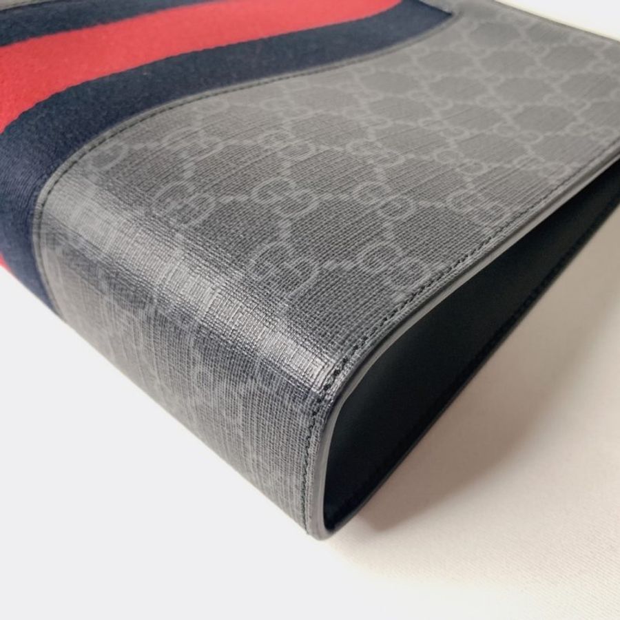 GUCCI 經典GG Supreme藍紅藍織帶手拿包-10