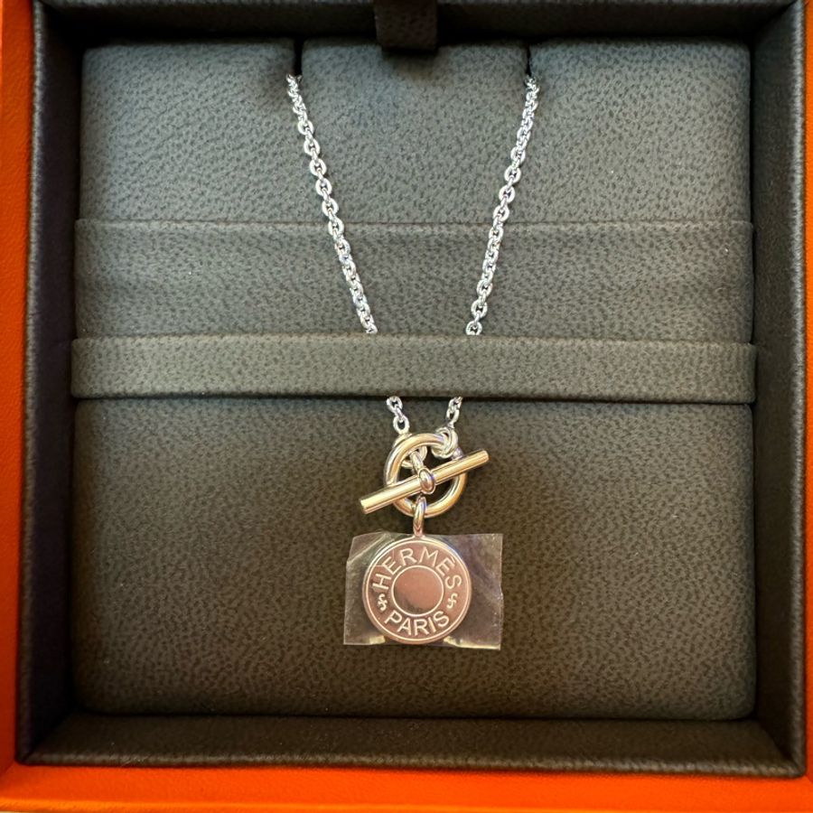 全新Hermes Amulettes H Ex-Libris經典標誌LOGO純銀項鍊墜鍊-0