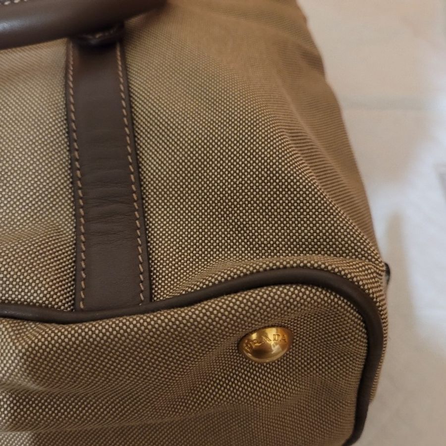 Prada刺繡緹花LOGO帆布搭配滾皮飾邊兩用包-18