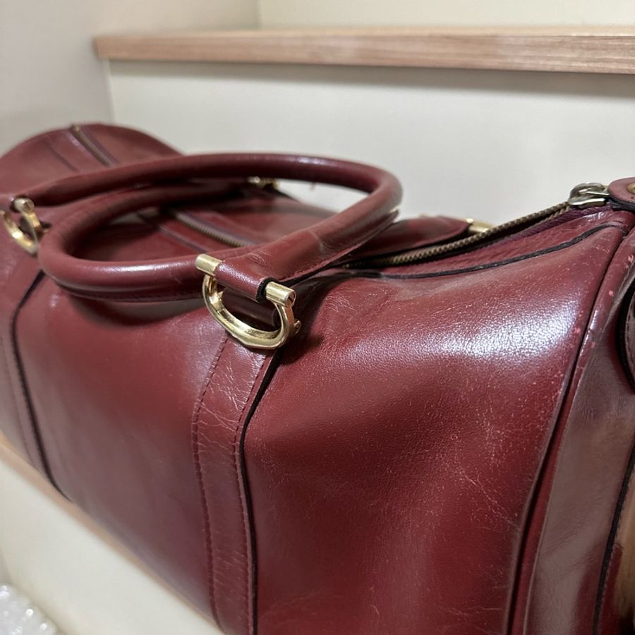 【誠可議】Cartier 卡地亞 酒紅牛皮圓筒旅行包/登機包 vintage-1