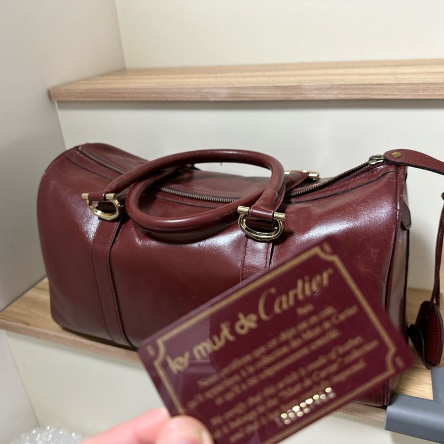 【誠可議】Cartier 卡地亞 酒紅牛皮圓筒旅行包/登機包 vintage-2