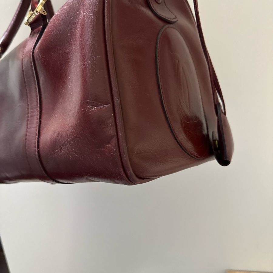 【誠可議】Cartier 卡地亞 酒紅牛皮圓筒旅行包/登機包 vintage-24