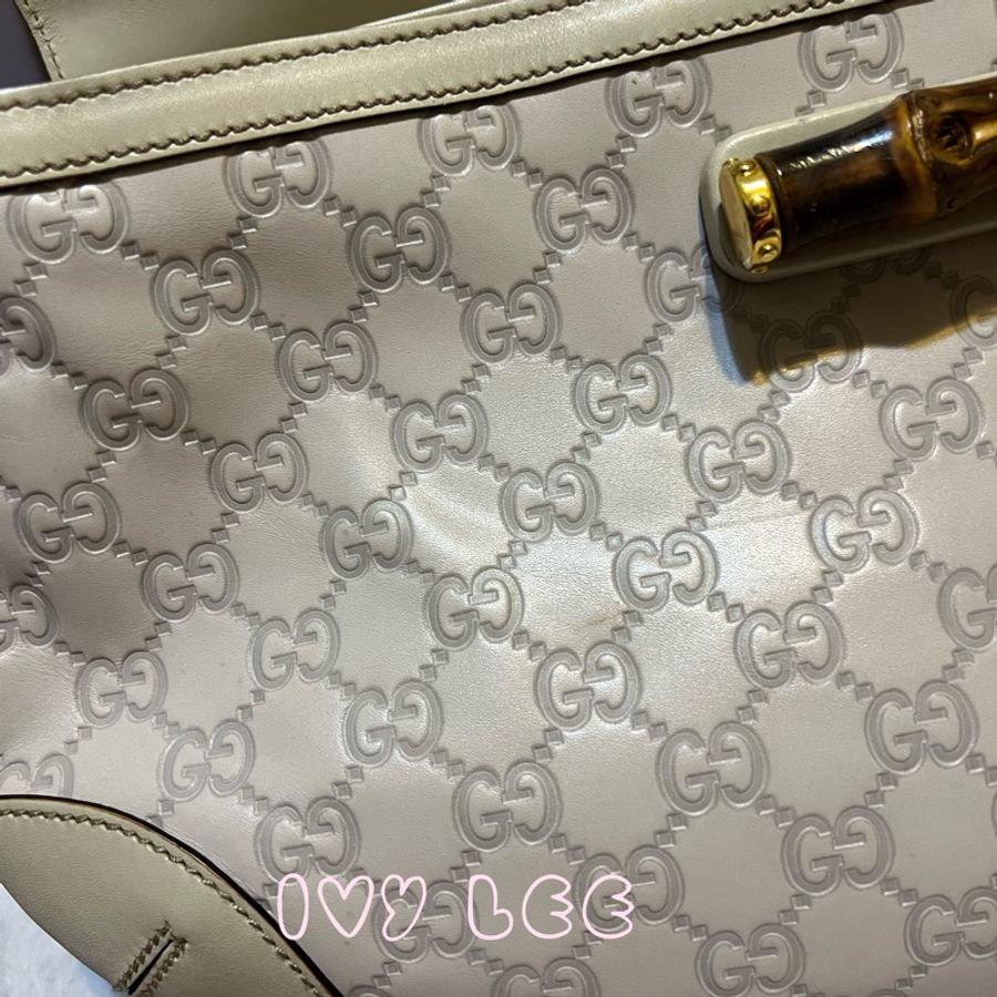 Gucci 米色 Guccissima 皮革竹柄竹節包 竹節提把VINTAGE 半月形包 肩背包 斜背包 159067 二手精品-5