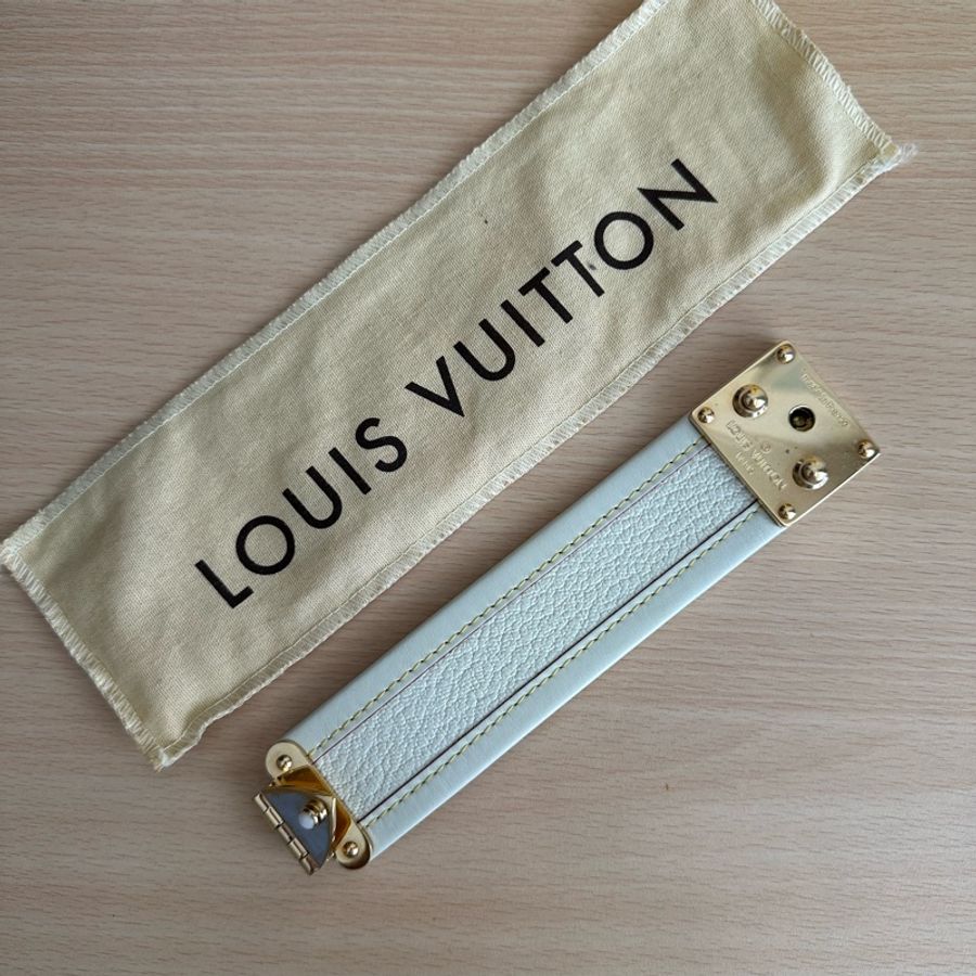 (專櫃正貨/歐洲帶回) LV Louis Vuitton 路易威登 白色皮革 金屬手環-5