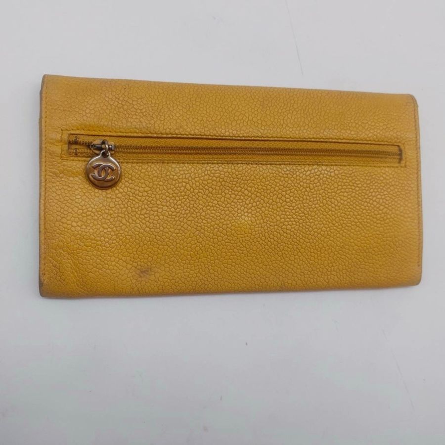 ❌已售出❌ CHANEL 香奈兒 荔枝皮鵝黃色 VINTAGE 長夾  送內膽+金球金鏈可變斜背WOC-18