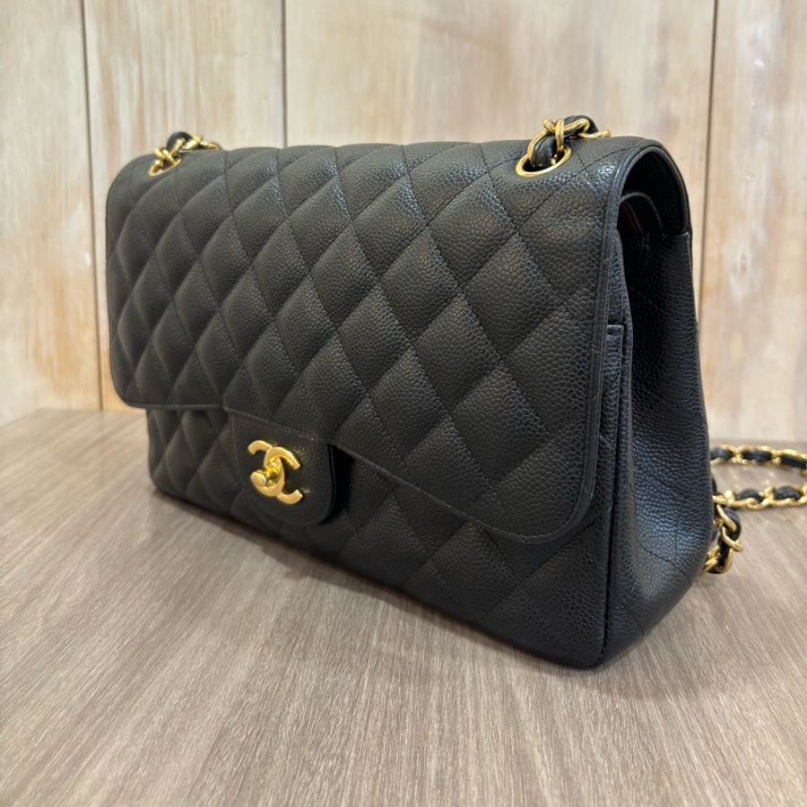 CHANEL A58600 JUMBO COCO 30 黑色 荔枝皮 金鍊 雙蓋 肩背包 CF30-4